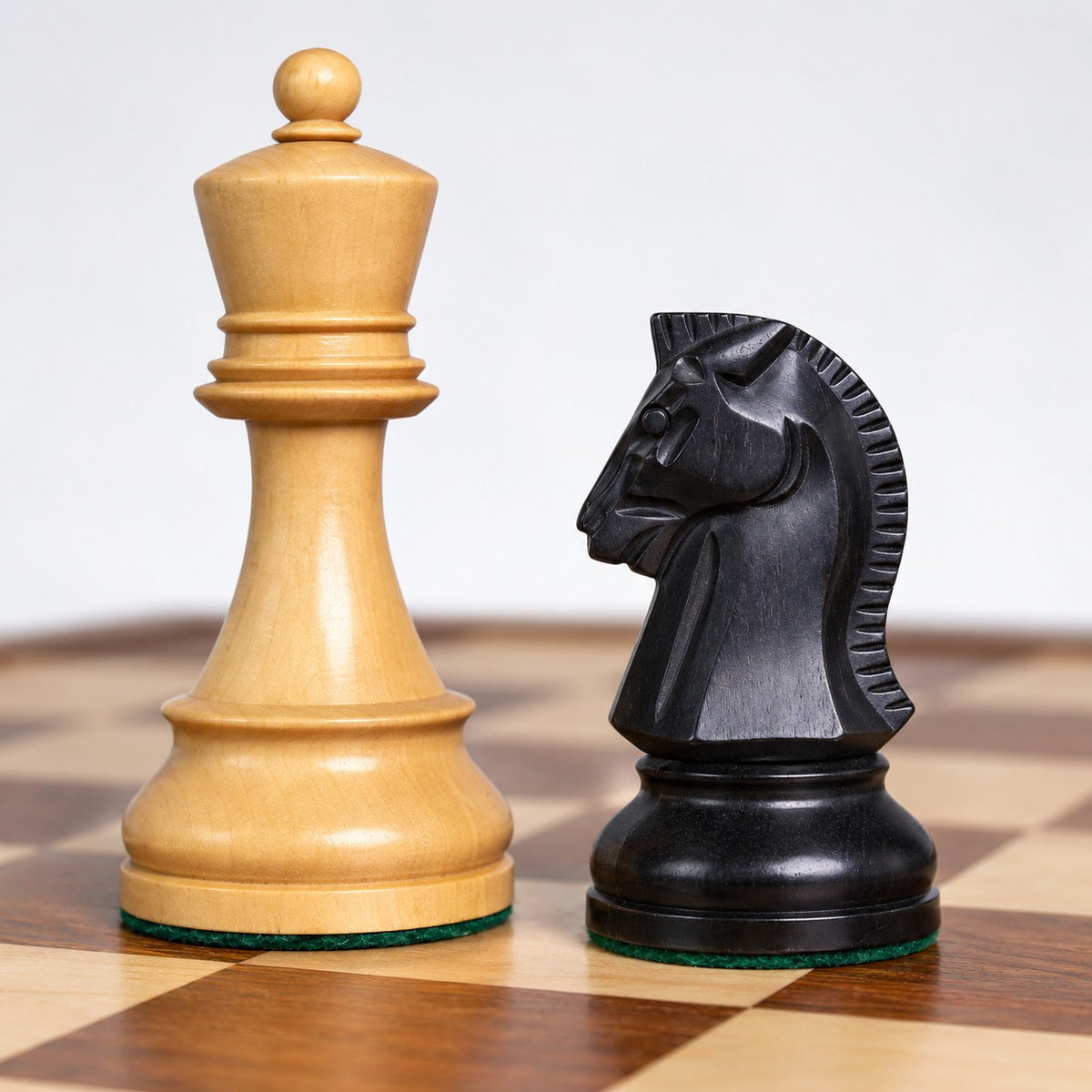 Vintage 1950s Fischer Dubrovnik Combo Chess Set with Folding Golden Rosewood & Maple Board - king and knight close-up