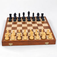 Vintage 1950s Fischer Dubrovnik Combo Chess Set with Folding Golden Rosewood & Maple Board - low angle view